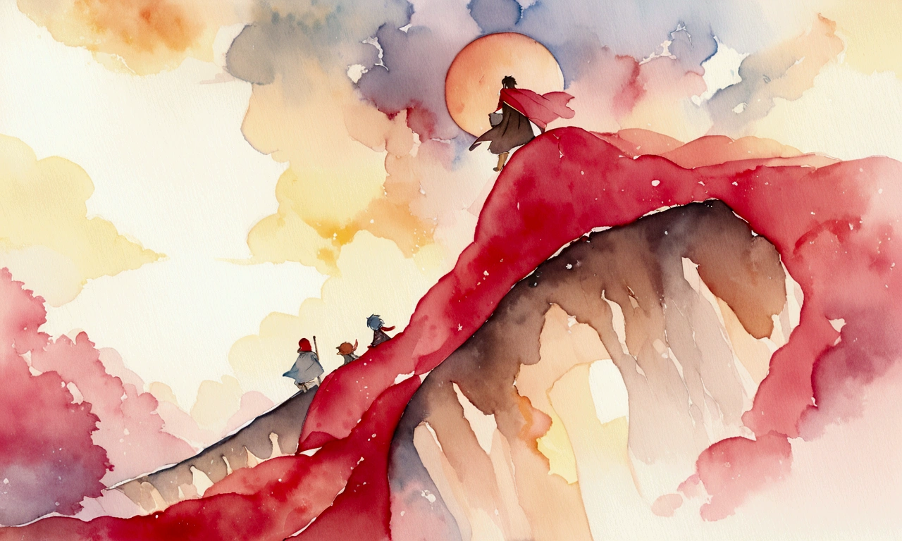 the little boy in red cape and his friends encounter a river that runs through the valley. They build an improvised bridge to cross it. watercolor