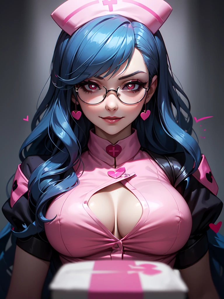 (((Portrait Photo))), She has the Appearance of an Alluring and Professional Young Nurse, with a Voluptuous Figure that Radiates Manipulation and Control. Her Long, Wavy Blue Hair is Elegantly Styled, Falling Gracefully Over Her Shoulders and Framing Her Gentle Face. Her Large, Red Eyes, Enhanced by Glasses, Reflect a Seduction that Exudes Danger and Intrigue, Inviting Both Fear and Desire. Her Expression is Soft and Understanding, with a Hint of a Smile that Conveys an Unsettling Pleasure and Twisted Devotion. (((Portrait Photo))), (((Dark Background))), (((Seductive Pink Nurse's Uniform Accentuates Her Curves))), (((Slightly Reveals Her Chest))), (((Heart-shaped Pupils))), (((Sinister and Seductive Smirk)))