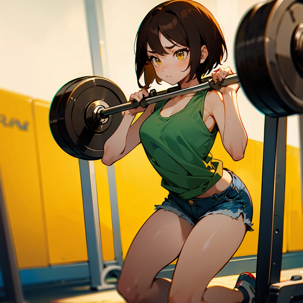 1female, Brown Hair, Green Tank Top, Short Hair, Blue Denim Shorts, Sneakers, Yellow Eyes, Focused Expression, Athletic, Young Female, Gym, Lifting Weights