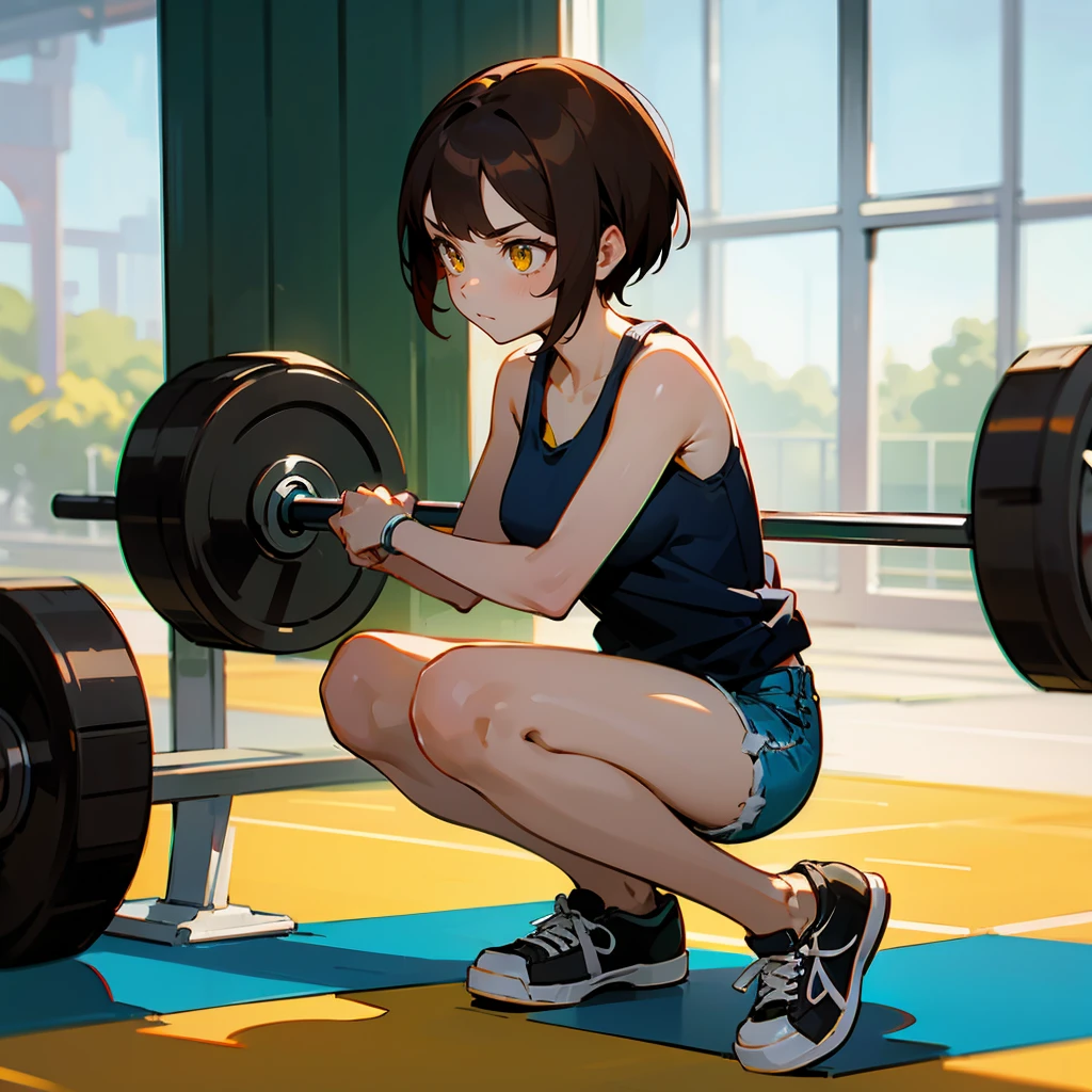 1female, Brown Hair, Green Tank Top, Short Hair, Blue Denim Shorts, Sneakers, Yellow Eyes, Focused Expression, Athletic, Young Female, Gym, Lifting Weights