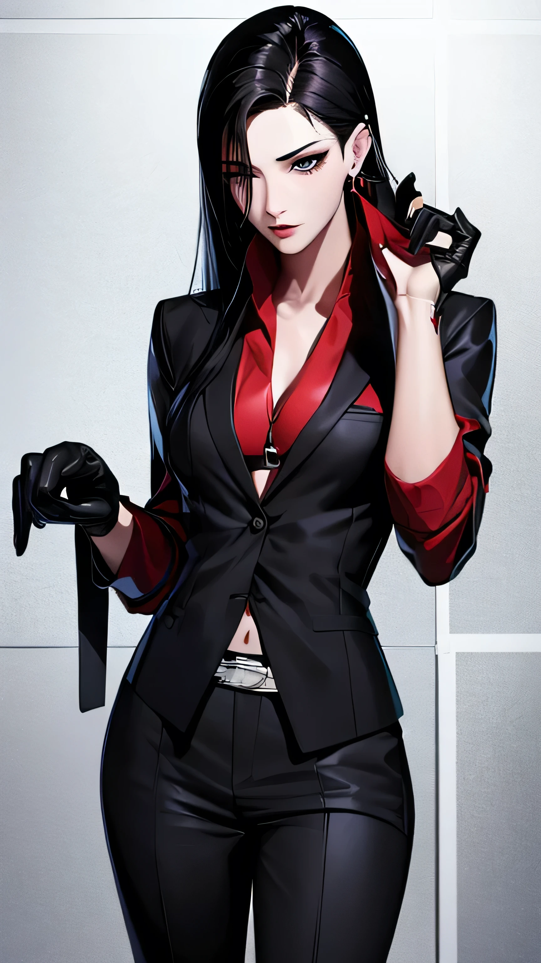 1 girl, 23 years old, long black hair, handsome face, sleeveless business suit, red tie,show cleavage, long black pants, black leather gloves, high quality, masterpiece