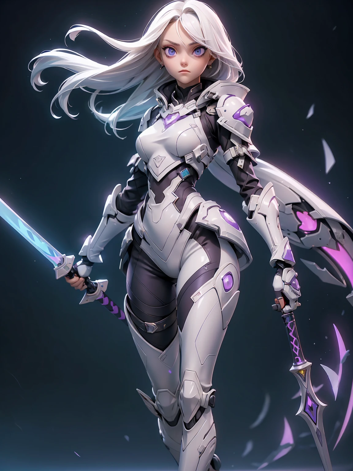 ((Best Quality)), ((Masterpiece)), ((Realistic)) slender, cute girl with medium-length white hair and vibrant purple eyes. She wears a tight-fitting, sleek suit with high-tech boots and chestplates. The outfit includes matching vambraces, all in a futuristic, high-tech design. She wields a high-tech sword, adorned with glowing lights along the blade and hilt. The girl's expression is calm and focused, complementing her stylish, advanced gear.