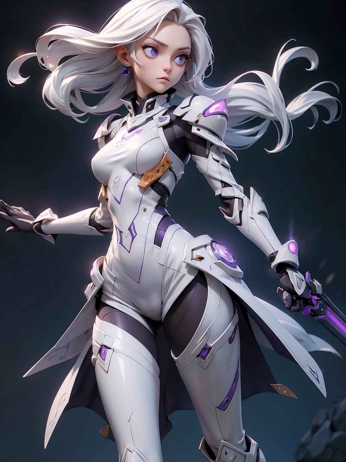 ((Best Quality)), ((Masterpiece)), ((Realistic)) slender, cute girl with medium-length white hair and vibrant purple eyes. She wears a tight-fitting, sleek suit with high-tech boots and chestplates. The outfit includes matching vambraces, all in a futuristic, high-tech design. She wields a high-tech sword, adorned with glowing lights along the blade and hilt. The girl's expression is calm and focused, complementing her stylish, advanced gear.