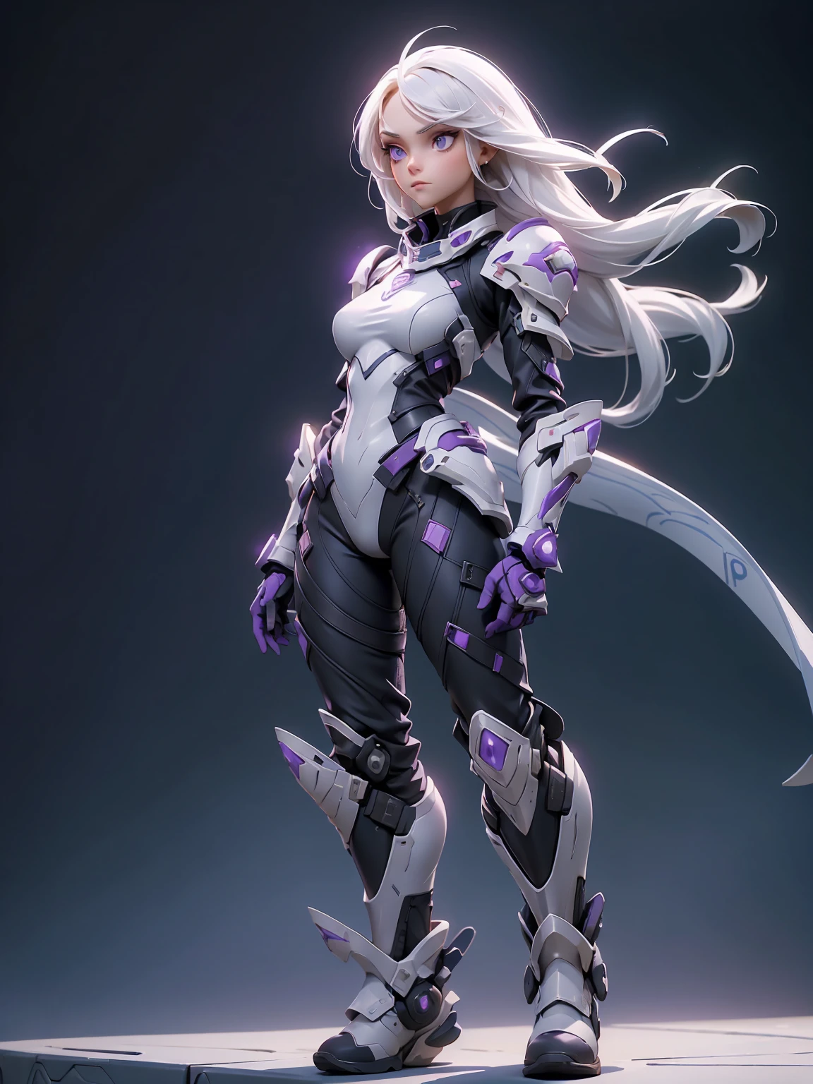 ((Best Quality)), ((Masterpiece)), ((Realistic)) slender, cute girl with medium-length white hair and vibrant purple eyes. She wears a tight-fitting, sleek suit with high-tech boots and chestplates. The outfit includes matching vambraces, all in a futuristic, high-tech design. She wields a high-tech sword, adorned with glowing lights along the blade and hilt. The girl's expression is calm and focused, complementing her stylish, advanced gear.

