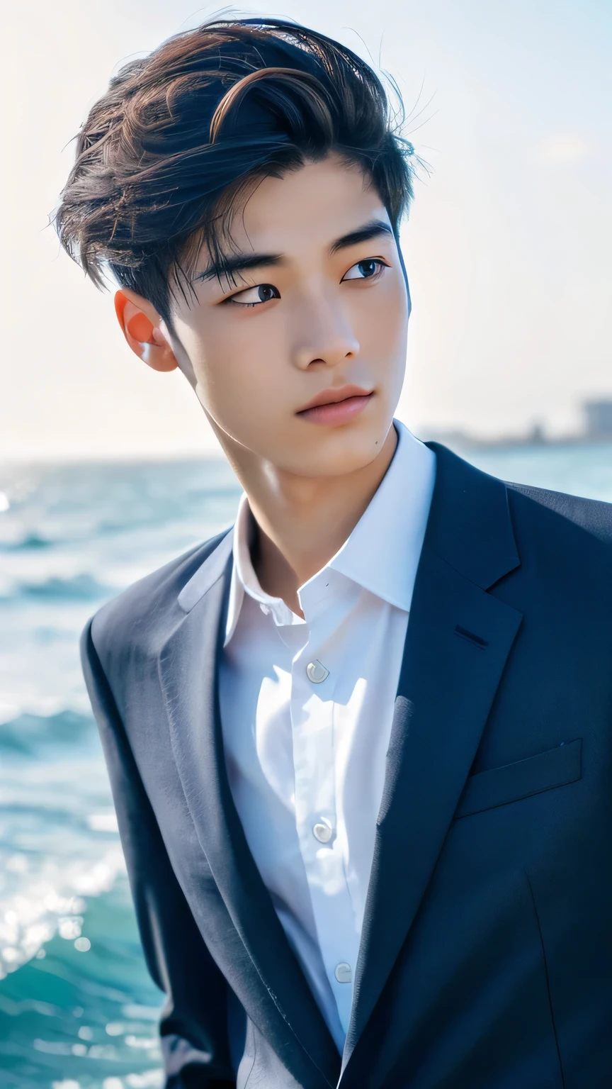 Highest quality, masterpiece, Ultra-high resolution, (Realistic: 1.4), Original photo, wallpaper, Head Photo, skin, Simple Background, Iris, detailed, Selfie, 1 boy, 18-year-old, good looking, Wind,suit,Ocean