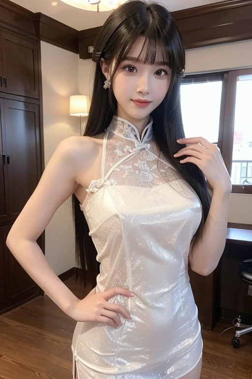 ((masterpiece、best quality))、shape、super detailed、8k、actual、sharp focus、Very detailed、professional lighting、spotlight、Colorful details、Detailed texture,A stunningly beautiful girl,Wearing a transparent cheongsam,(most suitable hairstyle:1.4)、(in the most helpful way:1.3)、(Half-length photo:1.4)、big breasts、perfect style、Body、18 years old、Smile、armpit