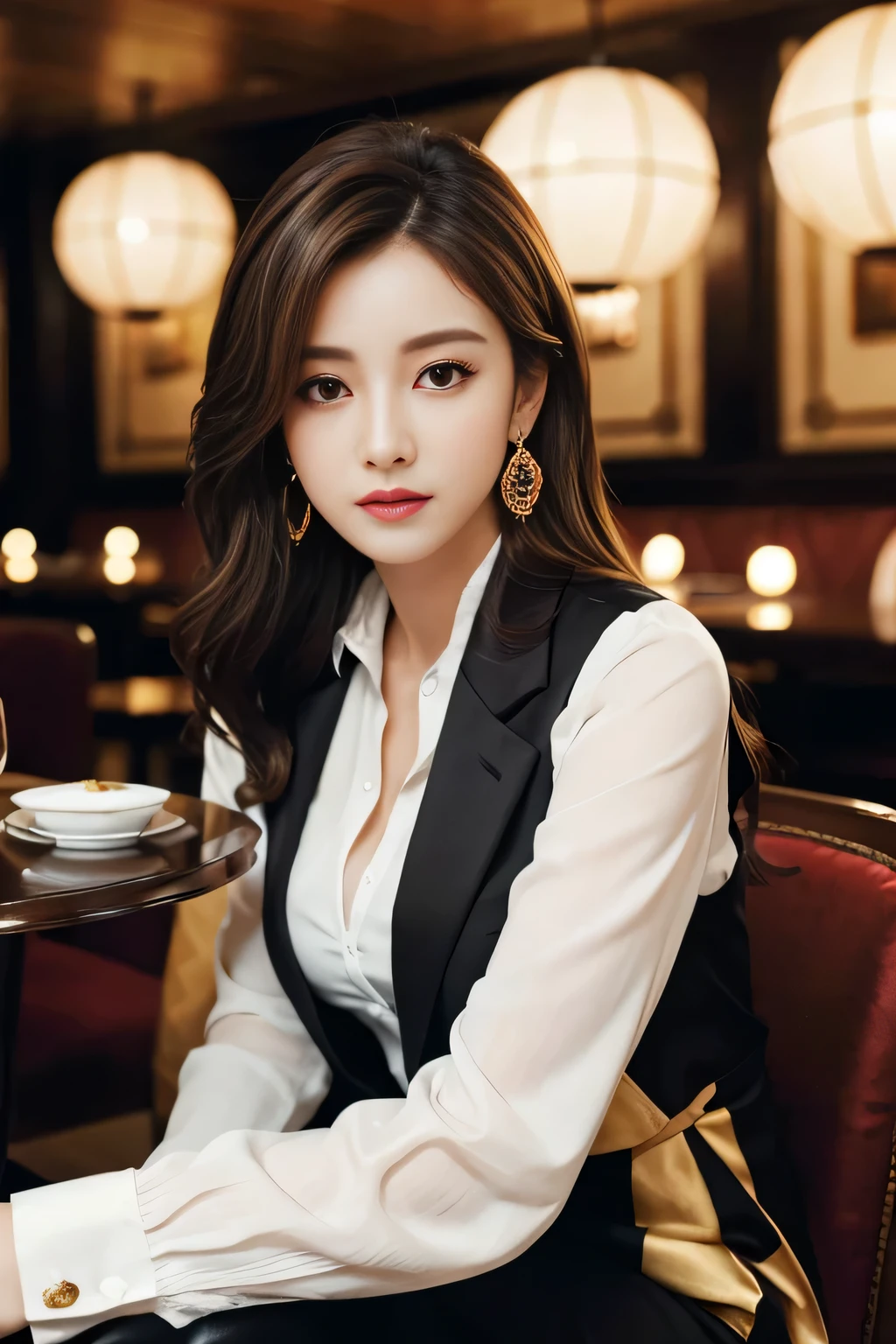 masterpiece, Highest quality, Realistic, Very detailed, Finer details, High resolution, 8k wallpaper, One beautiful woman, Wear a nice suit, In a great restaurant, At night, Light brown messy hair, Perfect dynamic composition, Beautiful and beautiful eyes、Big earrings、Sitting in a chair、