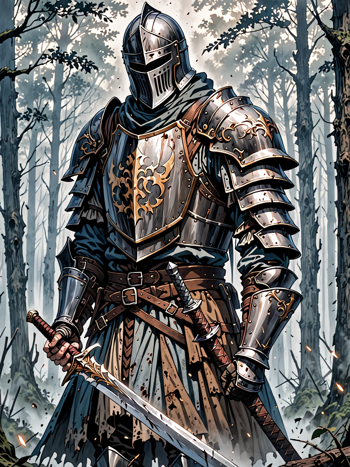 solo male knight, ancient and worn down western armor, faceless, tattered clothes, misty forest, wielding a western sword, close up, chivalrous, noble, scary but endearing, enchanted knight, slightly clumsy knight