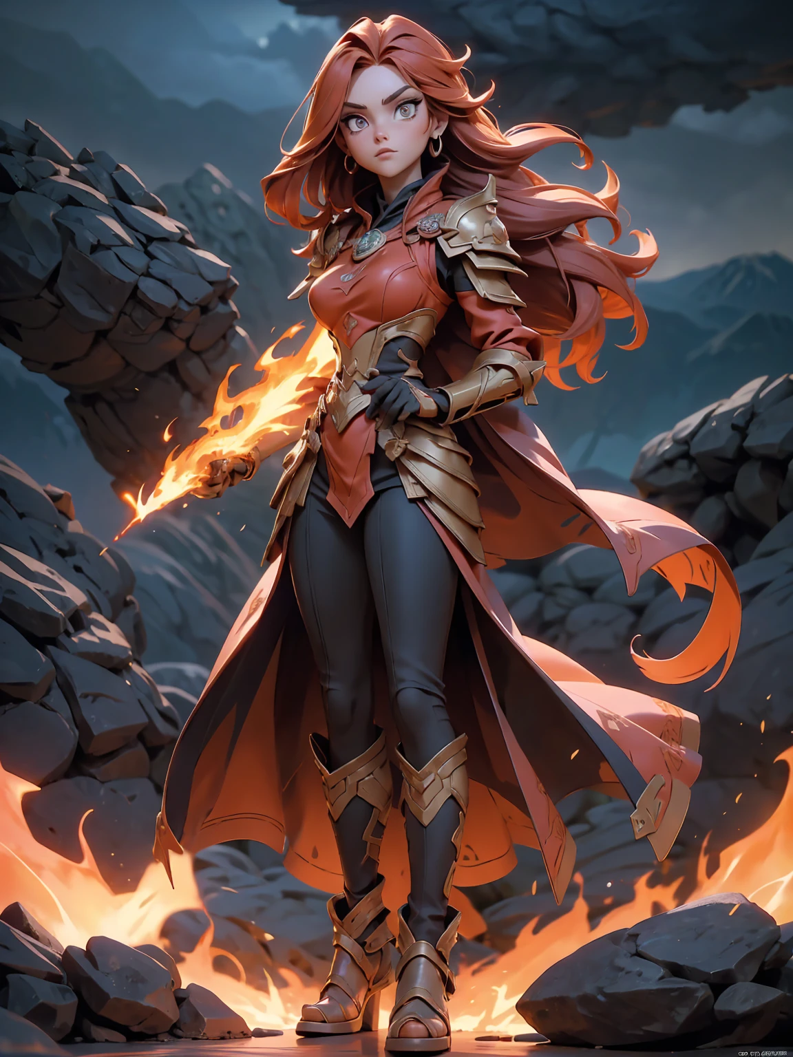 ((full body shot)) of a girl in regal, fire-themed armor with intricate gold and red details, standing in a blazing, volcanic landscape. She has long, flowing fiery red hair and intense, glowing amber eyes. Her skin has a warm, sun-kissed hue, and she is adorned with molten lava-like patterns. She holds a majestic sword engulfed in roaring flames, casting a bright, fiery light. The atmosphere is {intense|majestic}, with lava flows and embers illuminating the scene. The ground beneath her is cracked, molten earth, reflecting the intense light and adding to the fiery ambiance. Surrounding her are jagged rocks and bursts of flame in shades of {red|orange}, casting a fierce, incandescent glow. The background features towering volcanic peaks and a sky filled with ash and smoke, hinting at a powerful, fiery kingdom. The scene is dynamic and awe-inspiring, with her face showing a determined yet regal expression, her eyes focused intently on her blazing domain.

[Best quality], [Masterpiece], [Ultra-detailed], [4k], {intense|majestic} atmosphere, fiery kingdom, {dynamic pose|regal pose}, blazing illumination, {soft shadows|dramatic lighting}, {reflected light on molten earth:0.7}, {jagged rocks:0.6}, {bursts of flame:0.5}, {volcanic peaks:0.4}, {ash-filled sky:0.3}.