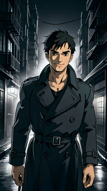 (8k),(masterpiece),(Japanese),(1male,clark,black eyes,),((mad-sincity,1940s,noir)),((ghibli style)),From the front,upper body,smile,cute,Innocent,Kind eyes,Flat chest,short,Hair blowing in the wind,Black Hair,Strong wind,night,dark, smokes, dirty alley,Trench Coat 