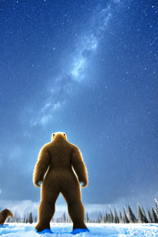 Polar bear stands looking at the sky Medium muscular, frozen planet setting, snowstorm , zoomed in on crotch, , chunie, darkgem, martepiece, dynamic photography.