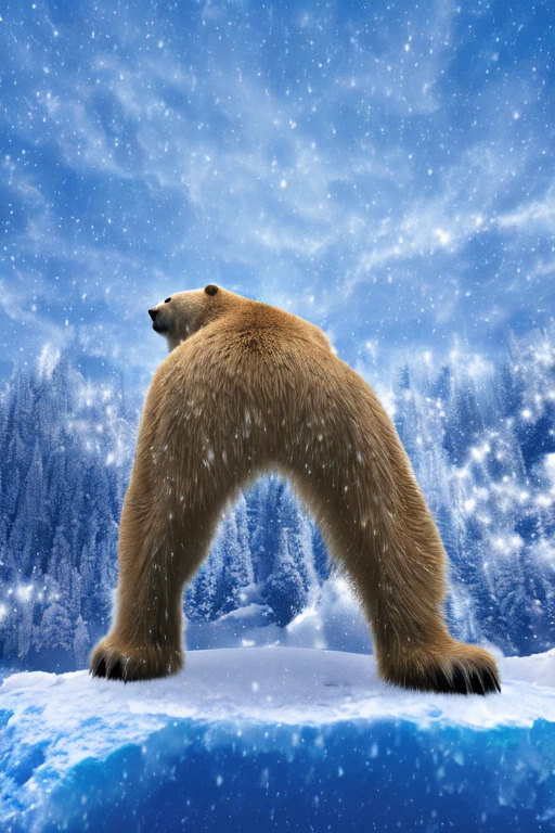 Polar bear stands looking at the sky Medium muscular, frozen planet setting, snowstorm , zoomed in on crotch, , chunie, darkgem, martepiece, dynamic photography.