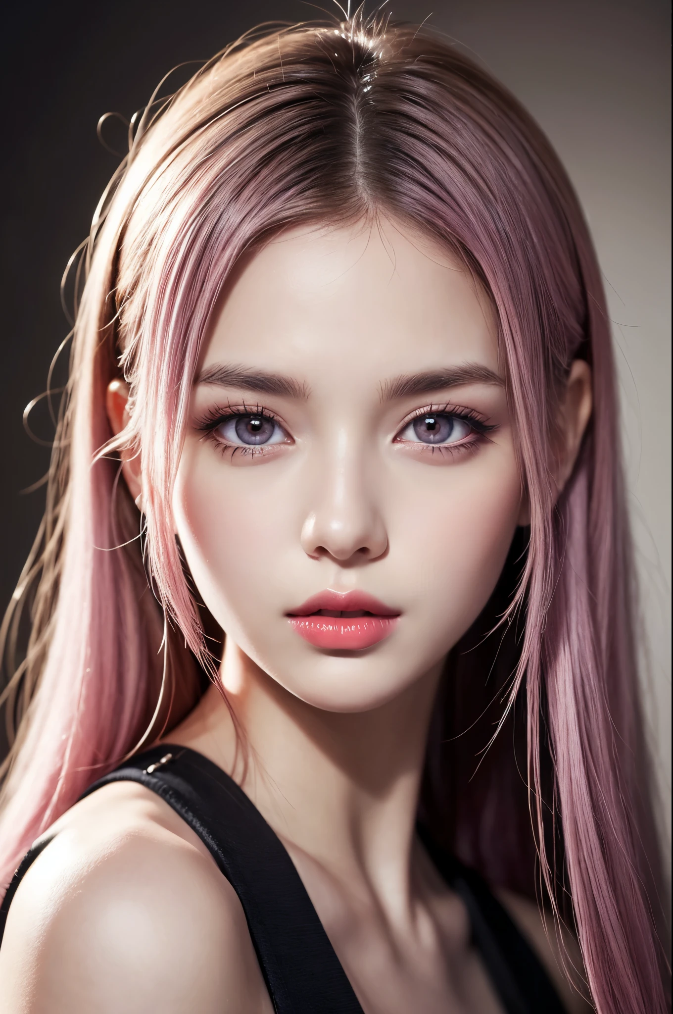 (best quality,8k,High resolution,masterpiece:1.2),Digital artwork, a girl,Detailed face,delicate eyes,pink purple hair,long hair,light pink eyes,red lips,Suspenders