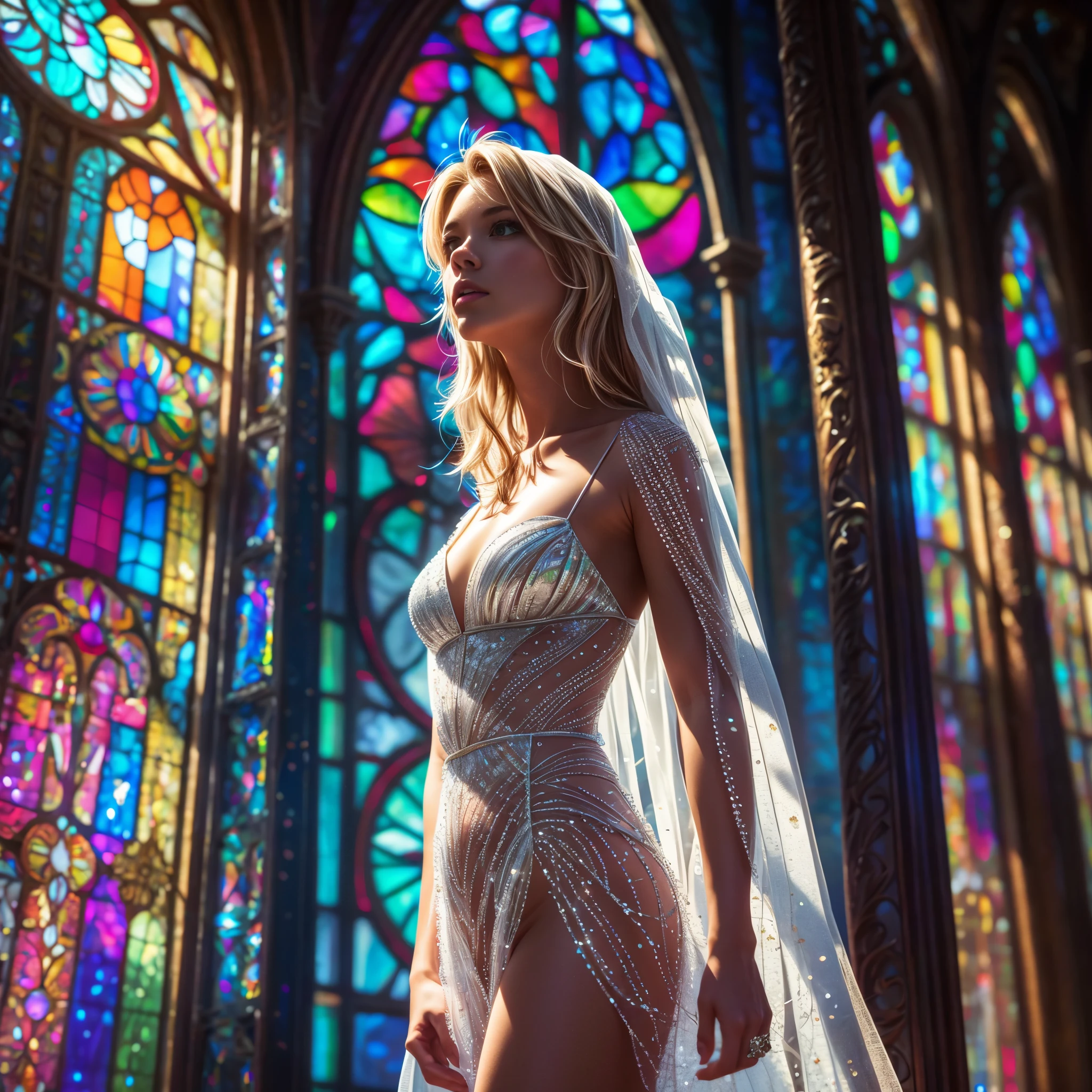 (Cathedral from below:1.28) (ZoomLayer) TopQuality 8K masterpiece of ((Professional photo)), (((Clarisse de Cagliostro))) (Detailed White WeddingDresses), Chain, (((Extremely detailed KAWAII face))) {((VeiledFace))|BlondeHair|(Elaborate BuleEyes)with(SparklingHighlights:1.28)}, The background is distant (((Elaborate stained glass))) Rainbow Glass, {(MysticSight)|EnchantingAtmosphere|Haze|(GodRays)|TyndallEffect}, Radiant PearlSkin with Transparency, (Exposed:0.39)