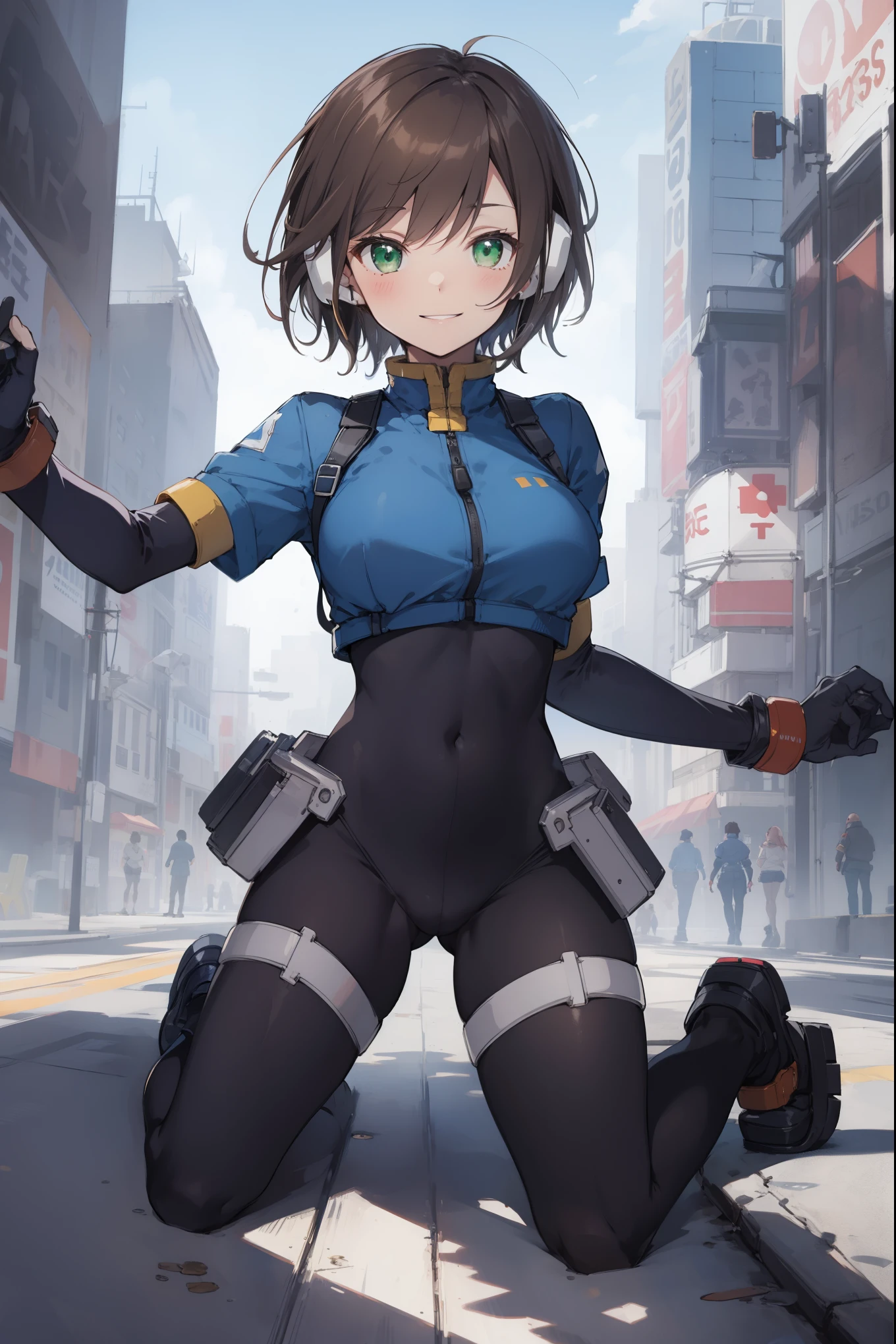 aile_megamanzx, kneeling with one hand on the ground and the other arm raised, 1girl, solo, short hair, brown hair, short sleeves, (bodysuit), robot ears, green eyes, short_shorts, short sleeves, short over long sleeves, smile, in futuristic city, , high quality, medium_breasts,crotch, slouch