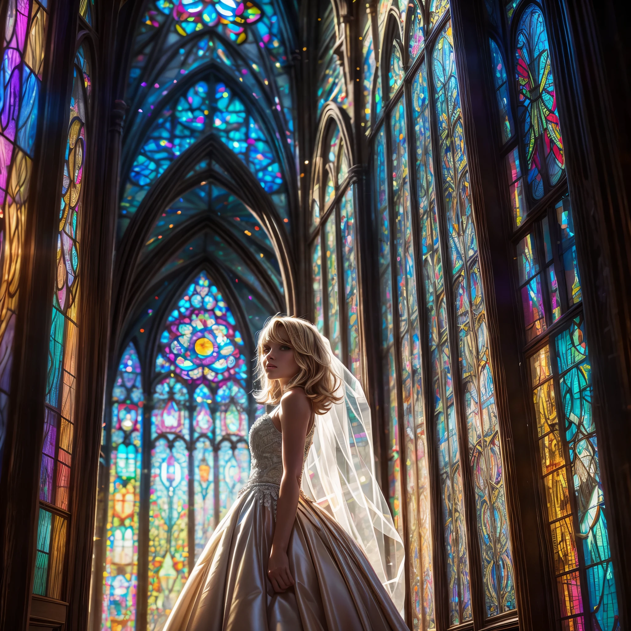  (Cathedral from below:1.28) (ZoomLayer) TopQuality 8K masterpiece of ((Professional photo)), (((Clarisse de Cagliostro))) (Detailed White WeddingDresses), Chain, (((Extremely detailed KAWAII face))) {((VeiledFace))|BlondeHair|(Elaborate BuleEyes)with(SparklingHighlights:1.28)}, The background is distant (((Elaborate stained glass))) Rainbow Glass, {(MysticSight)|EnchantingAtmosphere|Haze|(GodRays)|TyndallEffect}, Radiant PearlSkin with Transparency, (Exposed:0.39)