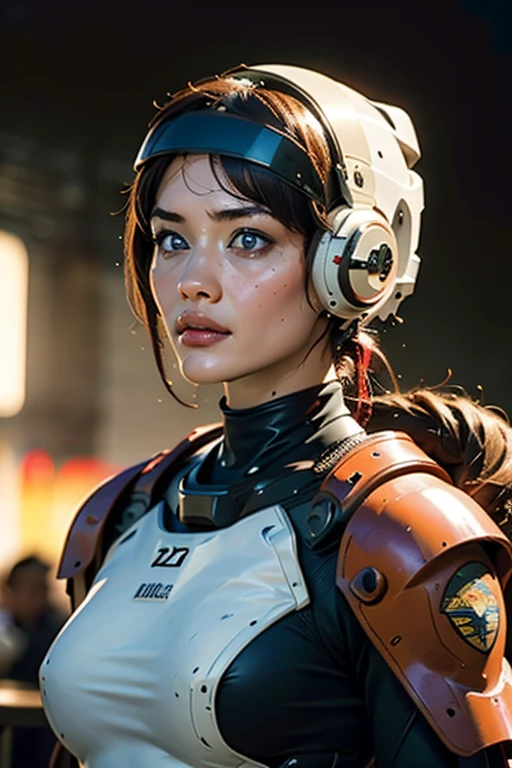 A still from a film showing a female mech pilot standing in front of her (Large combat mech:1.3), Sci-Fi Armor, military base, Strong winds, Sci-fi helmet in hand, visor, Detailed eyes, dry skin, Skin fuzz, Visible skin hair, Skin blemishes ,, Shallow depth of field, Vignette, Very detailed, big budget hollywood movie, Bokeh, CinemaScope, Sulky, amazing, nice, Film Grain