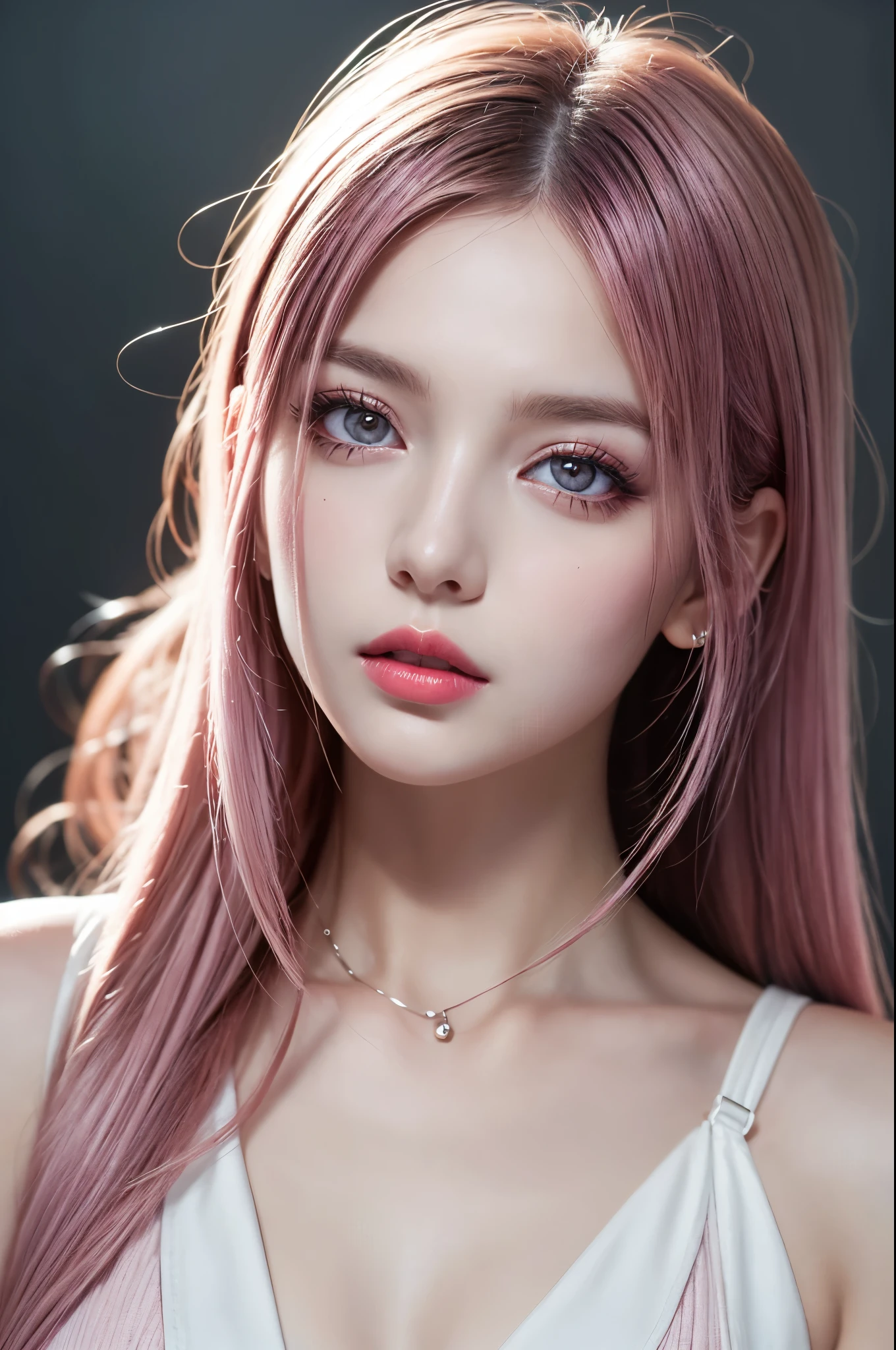 (best quality,8k,High resolution,masterpiece:1.2),Digital artwork, a girl,Detailed face,delicate eyes,pink purple hair,long hair,light pink eyes,red lips,Suspenders