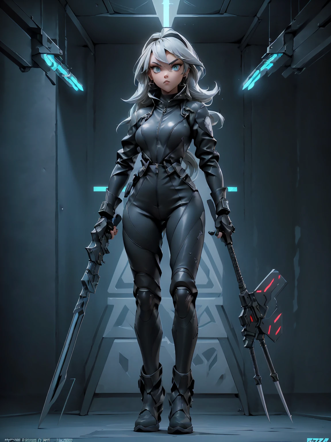 Design a layout showcase Gaming character, (1girl). Black+Silver clothes, sleek and modern, ((showcase weapon:1.4)), laser gun, (masterpiece:1.2), (best quality), 4k, ultra-detailed, (Step by step design, layout art:1.5), (neon lighting, cyber ambiance), cyberpunk, ((tech gloves)), (((revealing jumpsuit:1.3))), tech armor, combat boots, (((full_body_shot:1.4)))