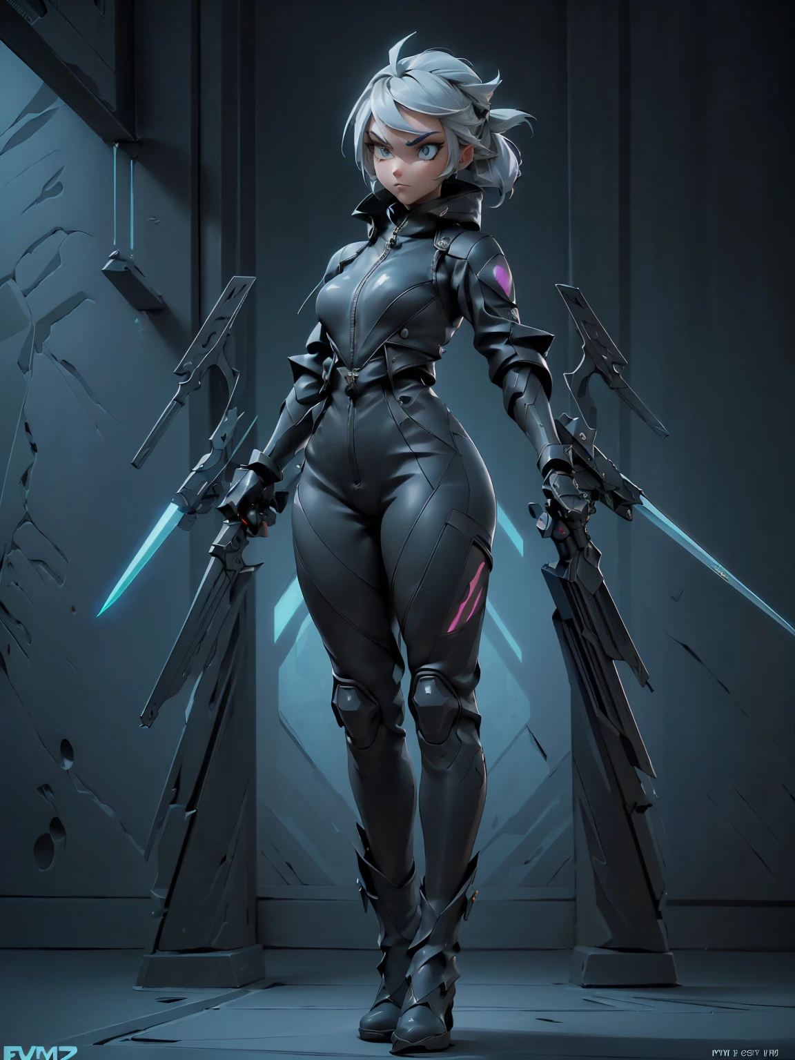 Design a layout showcase Gaming character, (1girl). Black+Silver clothes, sleek and modern, ((showcase weapon:1.4)), laser gun, (masterpiece:1.2), (best quality), 4k, ultra-detailed, (Step by step design, layout art:1.5), (neon lighting, cyber ambiance), cyberpunk, ((tech gloves)), (((revealing jumpsuit:1.3))), tech armor, combat boots, (((full_body_shot:1.4)))
