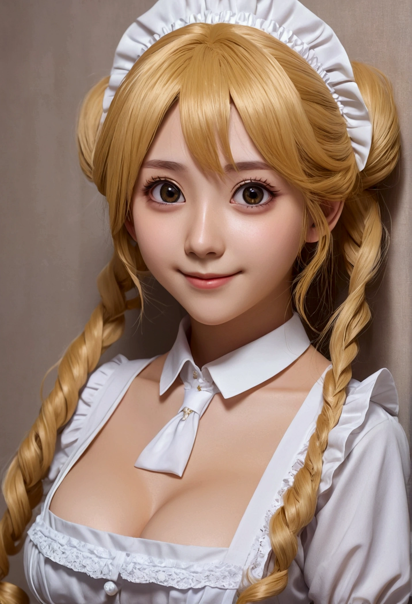 beautiful  girl, large eyes, big breasts, small and thin, 8k, top quality, (Very detailed head: 1.0), (Very detailed face: 1.0), (very detailed hair: 1.0), maid clothes, highly detailed official artwork, Anime Moe art style, clean and detailed anime art, smile, Golden hair, long and straight hair, NSFW