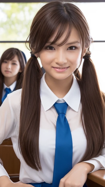 (Photoreal:1.4, 8k),((high Ponytail))、((A wet, see-through jacket))、See-through、(Nipple Covers)、(Soaking wet)、(Twin tails)、((Loose tie))、(The chest is full)、(Transparent clothes)、 highest quality, masterpiece, ultra high resolution, perfect dynamic composition, (cinematic lens effects), (beautiful face), (brown hair:1.3, bangs, long hair), Highly detailed skin and facial textures:1.3, tanned skin:1.0, perfect proportions, Medium chest, shiny legs, Detail of limbs, Cute and sexy 18 year old high school girl, (completely enchants you:0.9), (school uniform:1.3, white shirt, Blue tie, checked skirt), (gal makeup, eyeliner, lip gloss, Eyes that feel beautiful eros:0.85), sexy face:0.8, (beautiful eyes, thick lips, A taste of beautiful eroticism:0.85), (Too cute beauty:0.9), (classroom, machine, Chair, big window), (look at camera), (extreme close up:1.3), smile