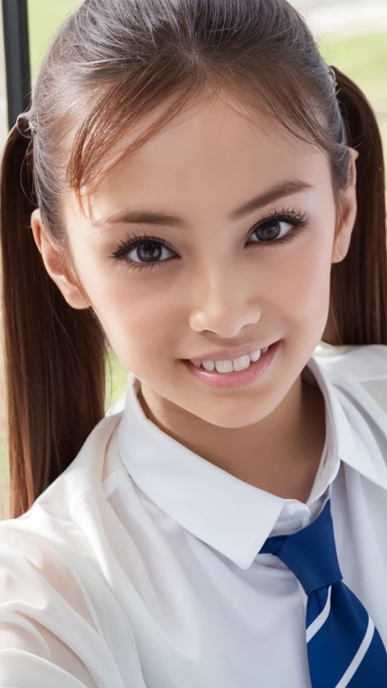 (Photoreal:1.4, 8k),((high Ponytail))、((A wet, see-through jacket))、See-through、(Nipple Covers)、(Soaking wet)、(Twin tails)、((Loose tie))、(The chest is full)、(Transparent clothes)、 highest quality, masterpiece, ultra high resolution, perfect dynamic composition, (cinematic lens effects), (beautiful face), (brown hair:1.3, bangs, long hair), Highly detailed skin and facial textures:1.3, tanned skin:1.0, perfect proportions, Medium chest, shiny legs, Detail of limbs, Cute and sexy 18 year old high school girl, (completely enchants you:0.9), (school uniform:1.3, white shirt, Blue tie, checked skirt), (gal makeup, eyeliner, lip gloss, Eyes that feel beautiful eros:0.85), sexy face:0.8, (beautiful eyes, thick lips, A taste of beautiful eroticism:0.85), (Too cute beauty:0.9), (classroom, machine, Chair, big window), (look at camera), (extreme close up:1.3), smile