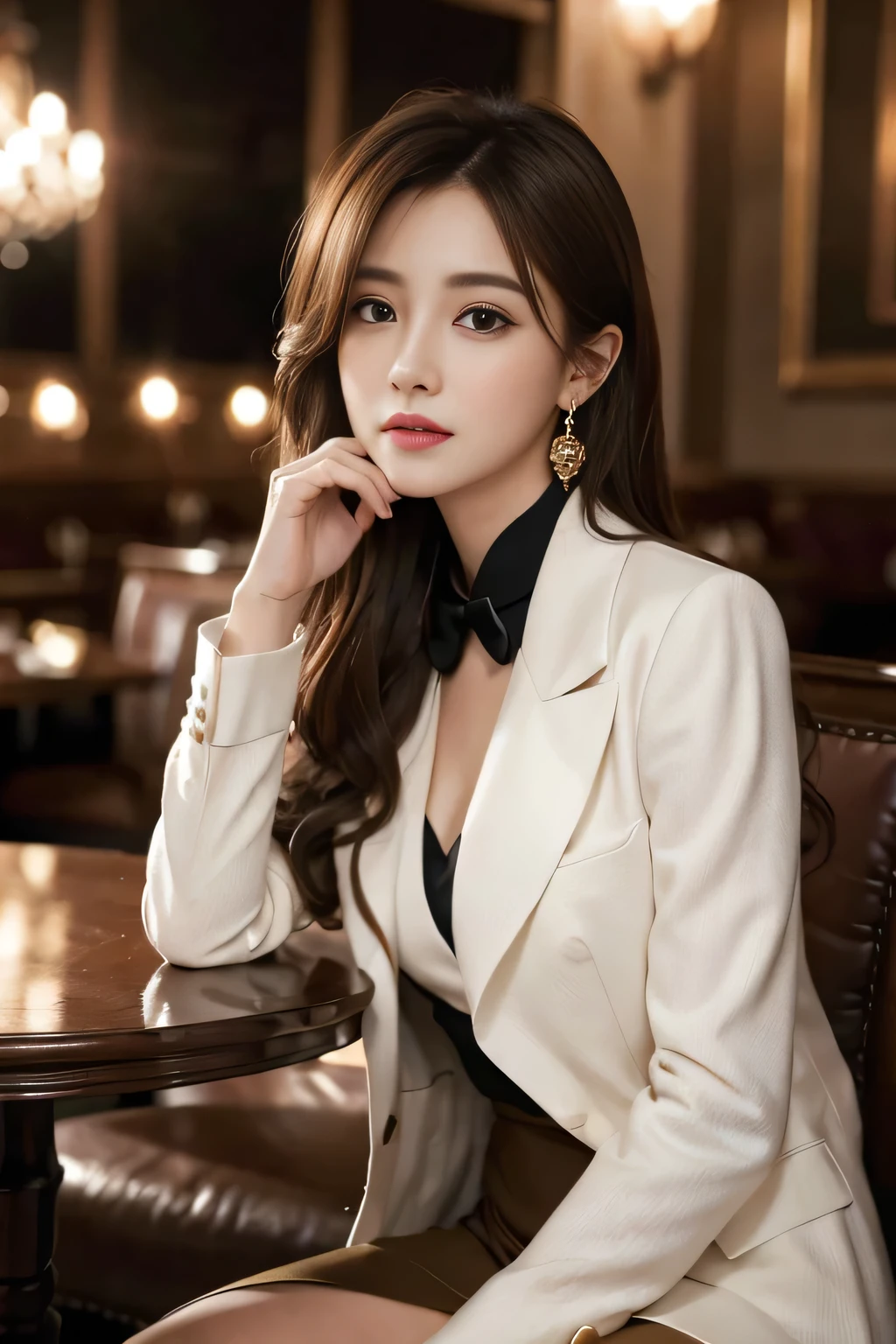 masterpiece, Highest quality, Realistic, Very detailed, Finer details, High resolution, 8k wallpaper, One beautiful woman, Wear a nice suit, In a great restaurant, At night, Light brown messy hair, Perfect dynamic composition, Beautiful and beautiful eyes、Big earrings、Sitting in a chair、