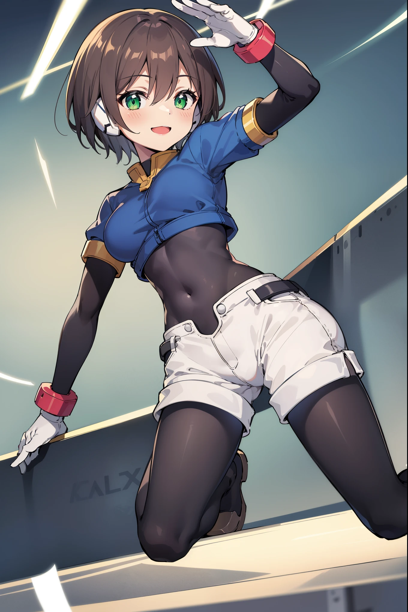 aile_megamanzx, kneeling with one hand on the ground and the other arm raised, 1girl, solo, short hair, brown hair, short sleeves, (bodysuit), robot ears, green eyes, very_short_shorts, short sleeves, short over long sleeves, smile, in futuristic city, , high quality, medium_breasts,crotch, slouch,groin