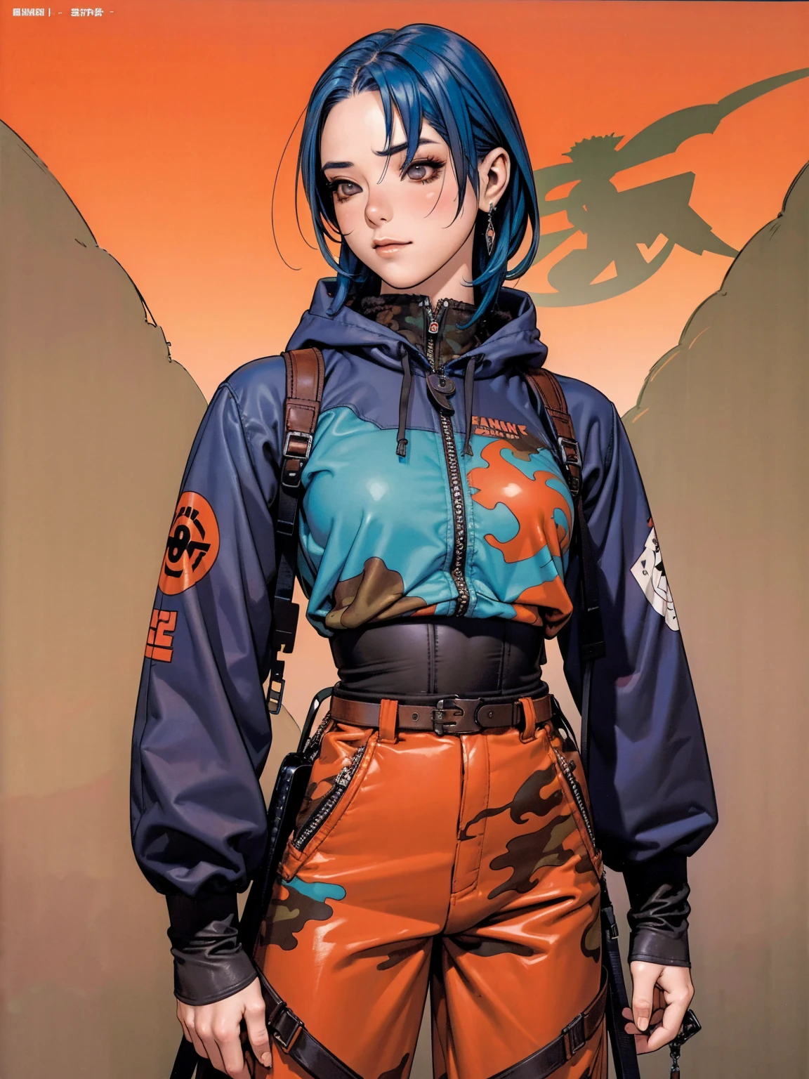 (best qualityer))), (((manga strokes))), (((blue hair with red highlights))), (((wide-leg pants with desert camouflage print))), uma Kizi jovem muito bem vestida com roupas modernas de verão, paintball camouflage pattern pants, top with vertical stripes, short jacket with fur hood, beautiful and expressive face, slightly-smile, big eyes with long black eyelashes, heavy make-up, chains and zippers spread across clothes, contrasting colours, pose de atitude, hair with a modern and futuristic cut, urban game poster art, dramatic camera angles, graffiti art elements in the background, design mixing contemporary and retro by Shepard Fairey, (((cowboy shot))), (((best qualityer: 1.4))), (Unbeatable masterpiece), (hiper HD),(CG 8k hyper-realistic), Kizi, (((standing alone))), pirralha violent, (((14歳))), sexly, pose de atitude, work of art, post-apocalypse, (((manga style))), bounty hunter, violent, Manic, the way you want, slenderbody, thin but strong, perfectbody, roupa moderna, advanced technology, neon, sleeves with vertical striped pattern, neutral background, (( cowboy shot )). intricate visual