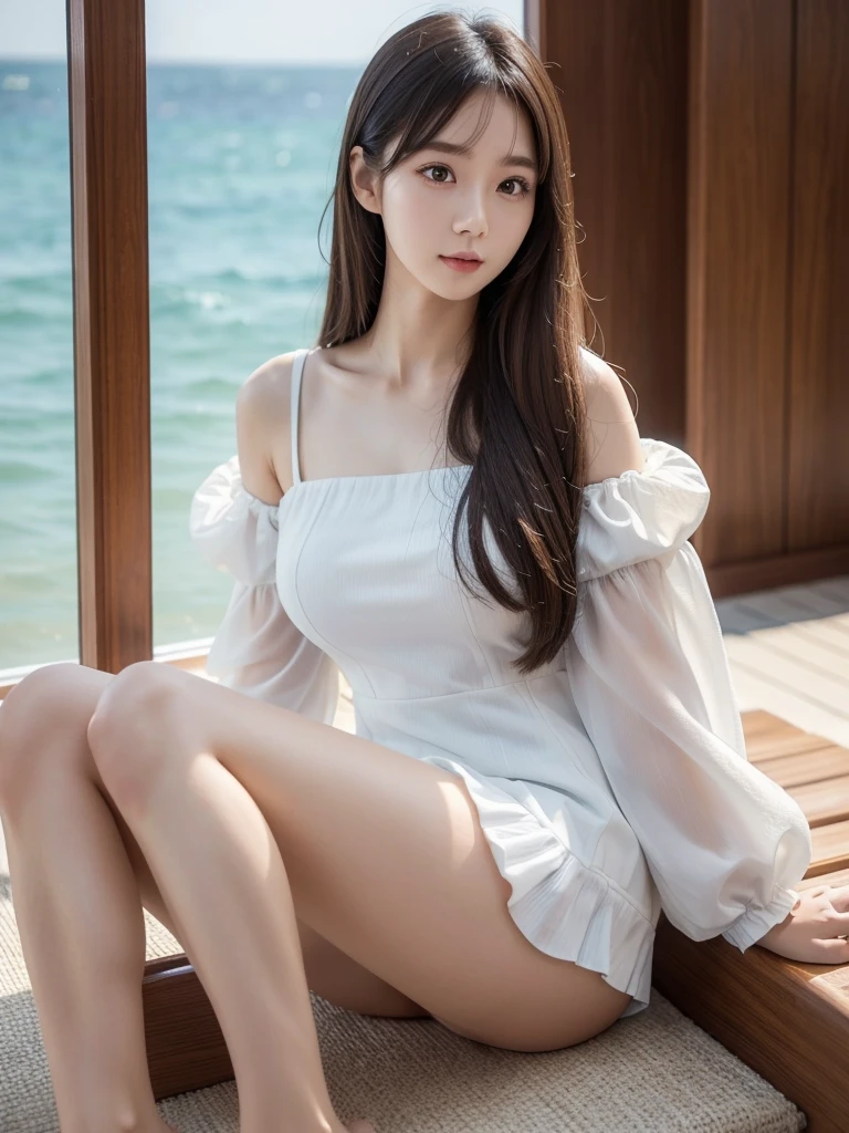 Ocean、White polyester puff sleeve dress、(Highest quality)、((Very detailed))、4K、(8k)、masterpiece、Very detailedな、Highest quality、Super Resolution、1 person、Kind Face、Soft Light、RAW quality、Soft Skin、163cm、28 years old、Show off your thighs、Textured skin