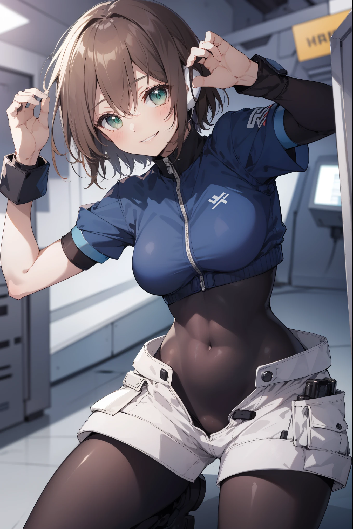 aile_megamanzx, kneeling with one hand on the ground and the other arm raised, 1girl, solo, short hair, brown hair, short sleeves, (bodysuit), robot ears, green eyes, very_short_shorts, short sleeves, short over long sleeves, smile, in futuristic city, , high quality, medium_breasts,crotch, slouch,groin