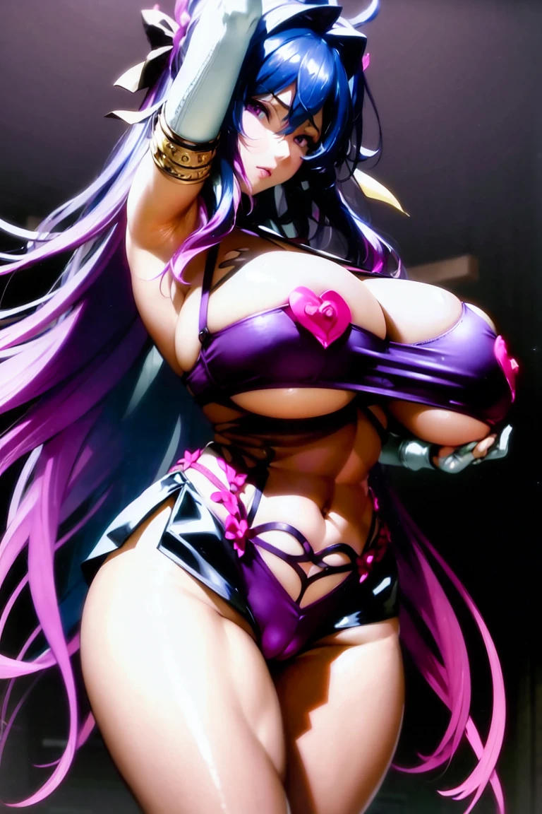 (masterpiece, best quality, expressive eyes, perfect face), purple eyes, mature woman, hair ornament, tiara, hair flower, purple hair, long hair,skirt,black crop top,underboob,cleavage cutout, clothing cutout,elbow gloves,ribbon bow, cowboy shot, 1girl,(gigantic breasts, wide hips,thick thighs)