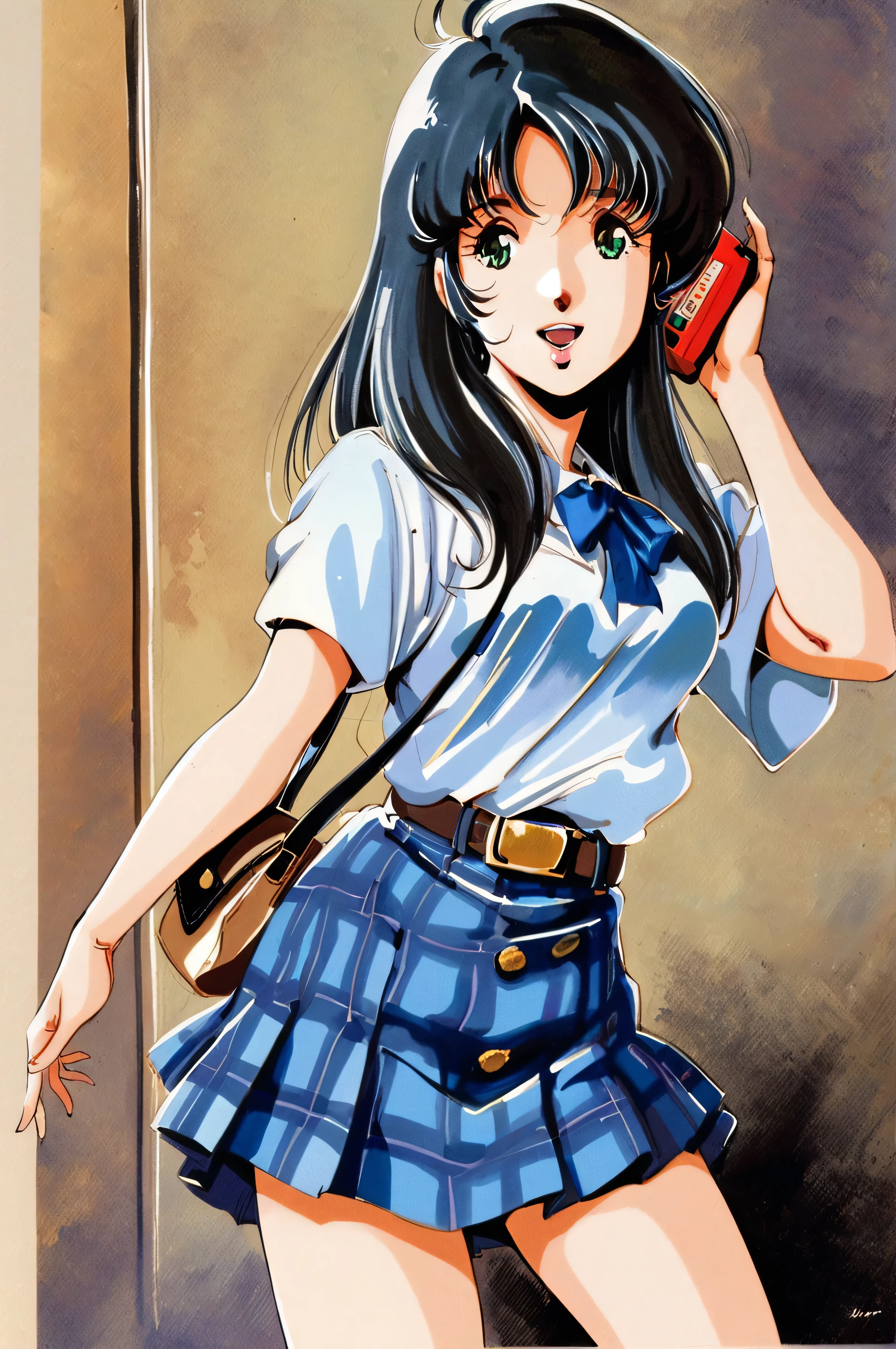 1girl, 1980s (style), retro artstyle, black hair, phone, long hair, solo, plaid, bag, skirt, open mouth, holding, cellphone, talking on phone, holding phone, short sleeves, handbag, green eyes, belt, shirt, traditional media, watercolor (medium)