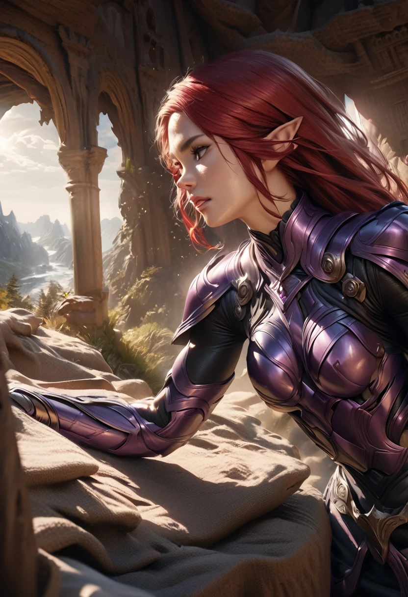 a beautiful female elf, black bodysuit, purple armor, red hair, detailed face, beautiful eyes, detailed lips, intricate armor, glowing magic effects, fantasy landscape, dramatic lighting, cinematic composition, (best quality,4k,8k,highres,masterpiece:1.2),ultra-detailed,(realistic,photorealistic,photo-realistic:1.37),highly detailed, concept art, digital painting, cinematic lighting, moody colors, dramatic atmosphere