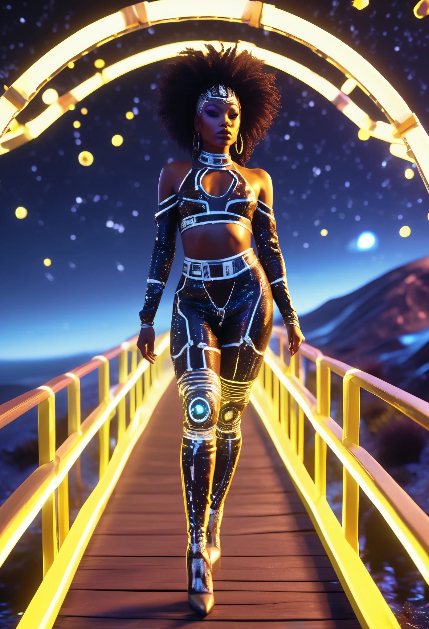 A black woman dressed in african designed cotton clothes and high heels, walking on a floating wooden bridge in outer space, bridge lit by yellow neon lights, the bridge connecting to a white planet portal, beautiful neon lit stars shining iridescent light particles in the scene, 32k, ultra HD, unreal engine rendered, beautiful and vibrant scene. Cinematic film still, shot on v-raptor XL, film grain, vignette, color graded, post-processed, cinematic lighting, 35mm film, live-action, best quality, atmospheric, a masterpiece, epic, stunning, dramatic