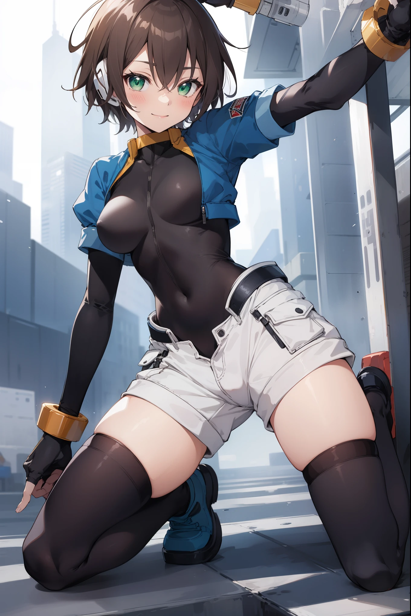 aile_megamanzx, kneeling with one hand on the ground and the other arm raised, 1girl, solo, short hair, brown hair, short sleeves, (bodysuit), robot ears, green eyes, very_short_shorts, short sleeves, short over long sleeves, smile, in futuristic city, , high quality, medium_breasts,crotch, slouch,groin