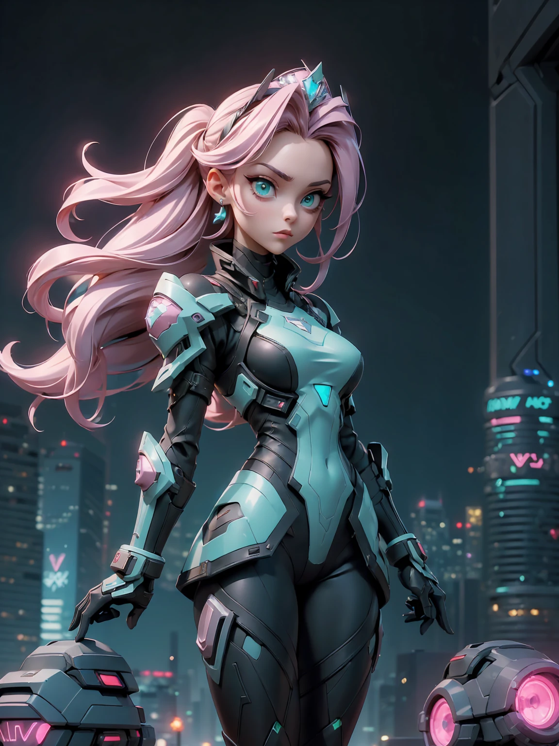 (((masterpiece, best quality, 16k)))A sleek and modern artwork of a cyberpunk female character in a high-tech, futuristic cityscape. The full-body view reveals her clad in black and silver clothes, featuring armored boots, a chestplate, and ornate shoulder pads. Her pink hair and green eyes add a vibrant contrast to her high-tech ensemble. She wields a laser gun and wears a tiara, combining elegance with cutting-edge technology.
The background is a neon-lit cityscape with towering skyscrapers and bustling streets. Holographic advertisements flicker in the air, and flying vehicles zip by, creating a dynamic and futuristic atmosphere that highlights the character's sleek and modern design.