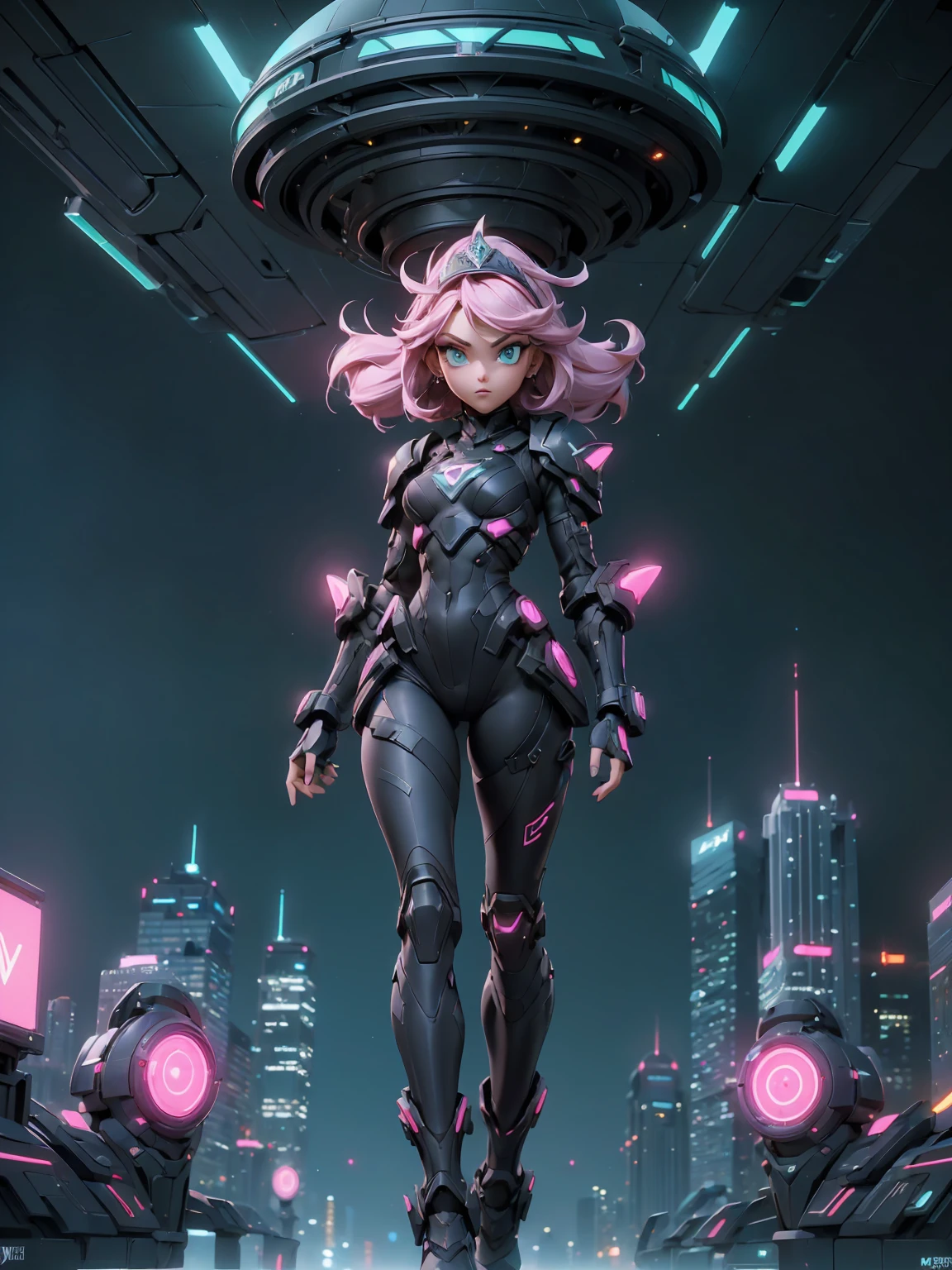(((masterpiece, best quality, 16k)))A sleek and modern artwork of a cyberpunk female character in a high-tech, futuristic cityscape. The full-body view reveals her clad in black and silver clothes, featuring armored boots, a chestplate, and ornate shoulder pads. Her pink hair and green eyes add a vibrant contrast to her high-tech ensemble. She wields a laser gun and wears a tiara, combining elegance with cutting-edge technology.
The background is a neon-lit cityscape with towering skyscrapers and bustling streets. Holographic advertisements flicker in the air, and flying vehicles zip by, creating a dynamic and futuristic atmosphere that highlights the character's sleek and modern design.