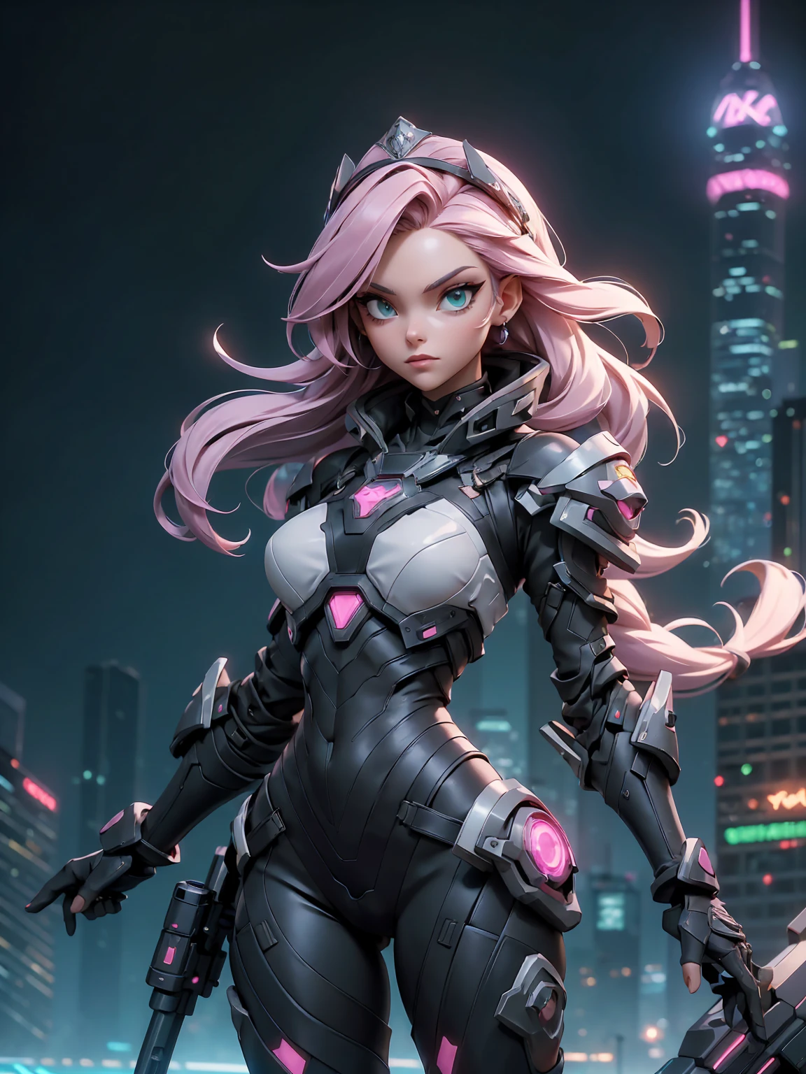 (((masterpiece, best quality, 16k)))A sleek and modern artwork of a cyberpunk female character in a high-tech, futuristic cityscape. The full-body view reveals her clad in black and silver clothes, featuring armored boots, a chestplate, and ornate shoulder pads. Her pink hair and green eyes add a vibrant contrast to her high-tech ensemble. She wields a laser gun and wears a tiara, combining elegance with cutting-edge technology.
The background is a neon-lit cityscape with towering skyscrapers and bustling streets. Holographic advertisements flicker in the air, and flying vehicles zip by, creating a dynamic and futuristic atmosphere that highlights the character's sleek and modern design.