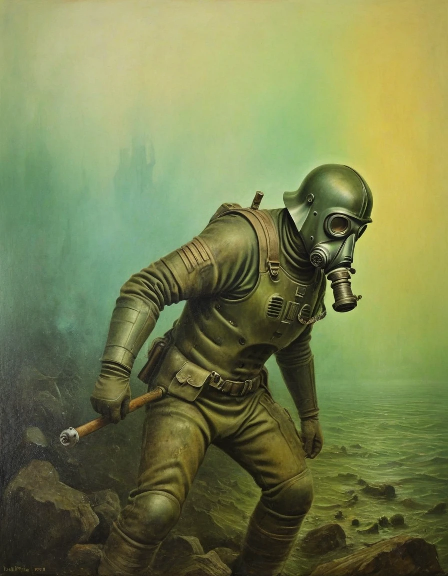 plaguemarine with gas mask and armor, green mist, fog, smoke, slime, Sandbags, Rainbow, Brutalist, (Hieronymus Bosch,Leonor Fini,Odd Nerdrum:1.25),  Fog or mist,Shipwreck, Dissonant, (Metallics:1.1), (Repetition:1.1),  (Tempera:1.1), (Backlit:1.2), Ice, Rhombus, ultra detailed, intricate, oil on canvas, dry brush, (surrealism:1.1), (disturbing:1.1) 