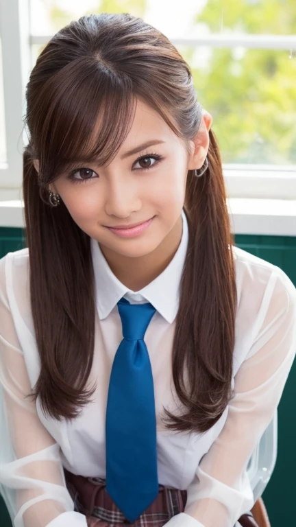 (Photoreal:1.4, 8k),((high Ponytail))、((A wet, see-through jacket))、See-through、(Nipple Covers)、(Soaking wet)、(Twin tails)、((Loose tie))、(The chest is full)、(Transparent clothes)、 highest quality, masterpiece, ultra high resolution, perfect dynamic composition, (cinematic lens effects), (beautiful face), (brown hair:1.3, bangs, long hair), Highly detailed skin and facial textures:1.3, tanned skin:1.0, perfect proportions, Medium chest, shiny legs, Detail of limbs, Cute and sexy 18 year old high school girl, (completely enchants you:0.9), (school uniform:1.3, white shirt, Blue tie, checked skirt), (gal makeup, eyeliner, lip gloss, Eyes that feel beautiful eros:0.85), sexy face:0.8, (beautiful eyes, thick lips, A taste of beautiful eroticism:0.85), (Too cute beauty:0.9), (classroom, machine, Chair, big window), (look at camera), (extreme close up:1.3), smile