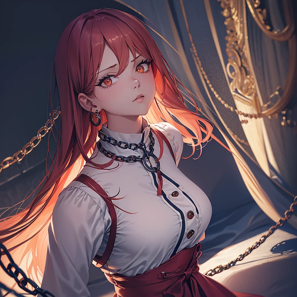 (finely detailed beautiful eyes and detailed face,masterpiece sidelighting,masterpiece,best quality,detailed,high resolution illustration),, (1girl,whole body,bishoujo,lustrous skin,looking down,looking at viewer),, (red hair, grey eyes,ribbon,hanbok, korean clothes), (chain collar) (Chain behind his back),(earings)(clothed_underbust:1.2),underboob, perfect eyes, perfect hand