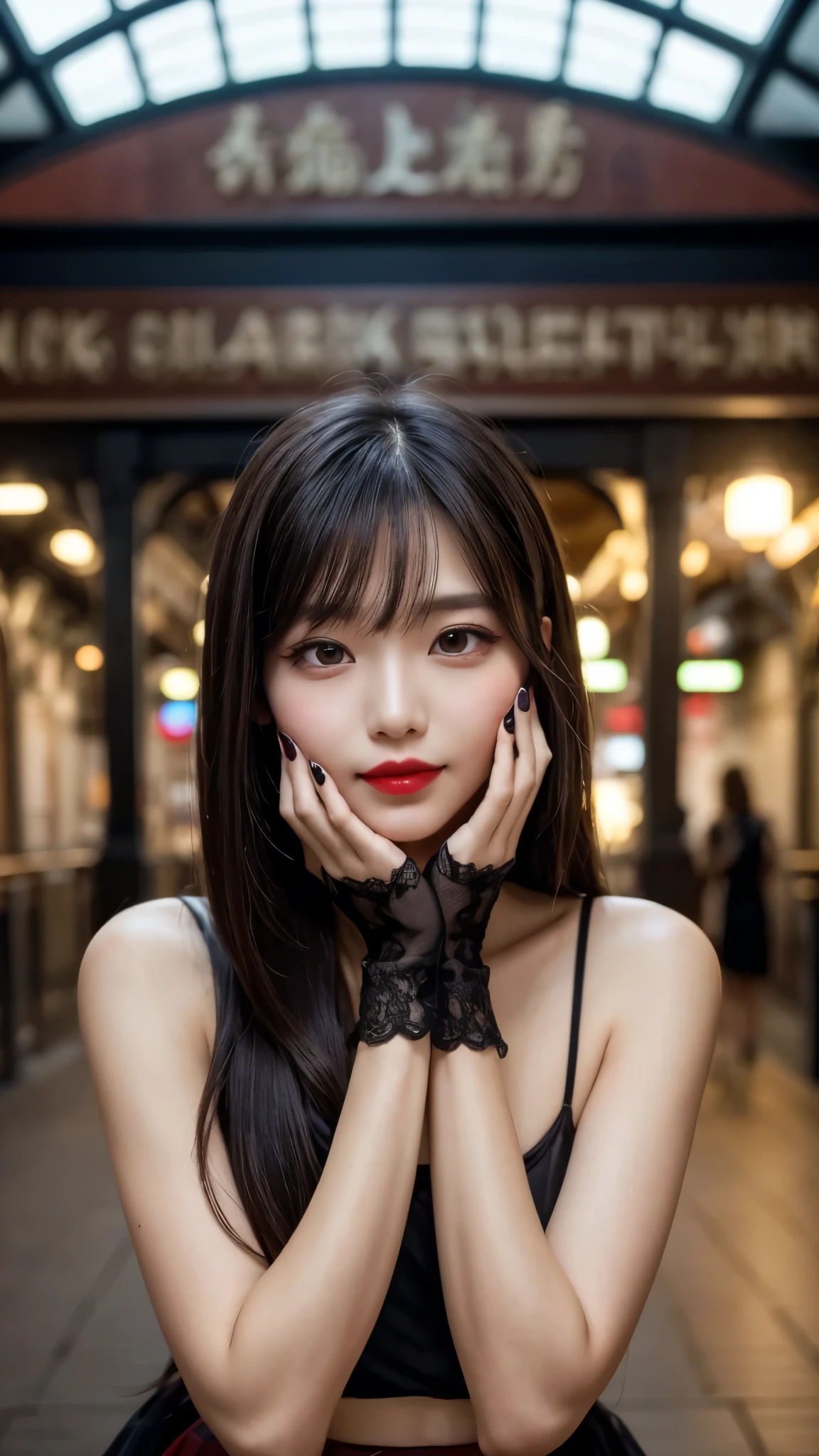 a girl，Twenty generations，Cute and beautiful face，Long straight black hair，Long bangs covering eyes，Long eyelashes，(beautiful eyes)，Small Eyes，upturned eyes，(Dark red lipstick)，(Goethe dark eye makeup)，Slim，slender limbs，Black spaghetti strap dress，Inside the old train station，Shallow depth of field，extremely detailed face，Very beautiful face，high quality skin，