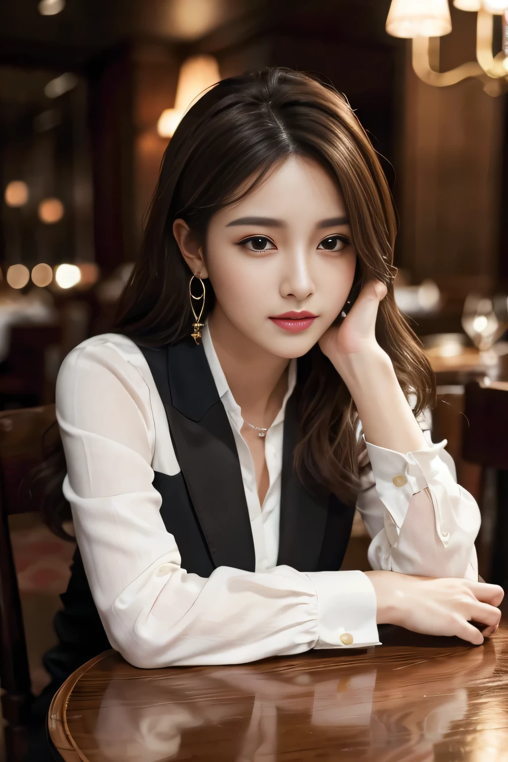 masterpiece, Highest quality, Realistic, Very detailed, Finer details, High resolution, 8k wallpaper, One beautiful woman, Wear a nice suit, In a great restaurant, At night, Light brown messy hair, Perfect dynamic composition, Beautiful and beautiful eyes、Big earrings、Sitting in a chair、