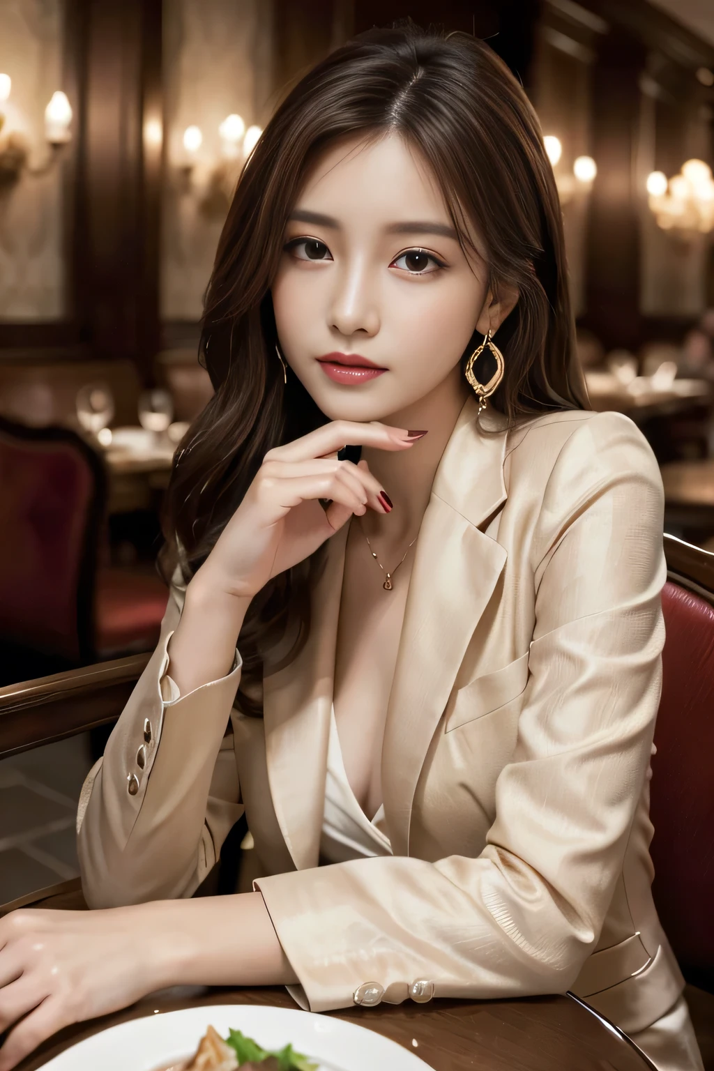 masterpiece, Highest quality, Realistic, Very detailed, Finer details, High resolution, 8k wallpaper, One beautiful woman, Wear a nice suit, In a great restaurant, At night, Light brown messy hair, Perfect dynamic composition, Beautiful and beautiful eyes、Big earrings、Sitting in a chair、