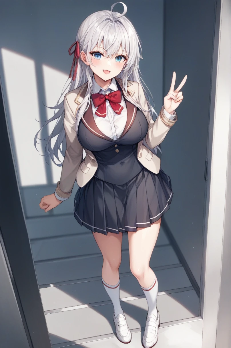 score_9, score_8_superior, score_7_superior, score_6_superior, score_5_superior, score_4_superior, Break Source_anime, Alisa Mikhailovna Kujo, blue eyes, Silver Hair, Long Hair, Red hair ribbon, White shirt, Ahoge, White shoes, Black vest, School black dress, White knee socks, Short beige blazer, Red bow tie, Are standing,Big Breasts,One-handed peace sign