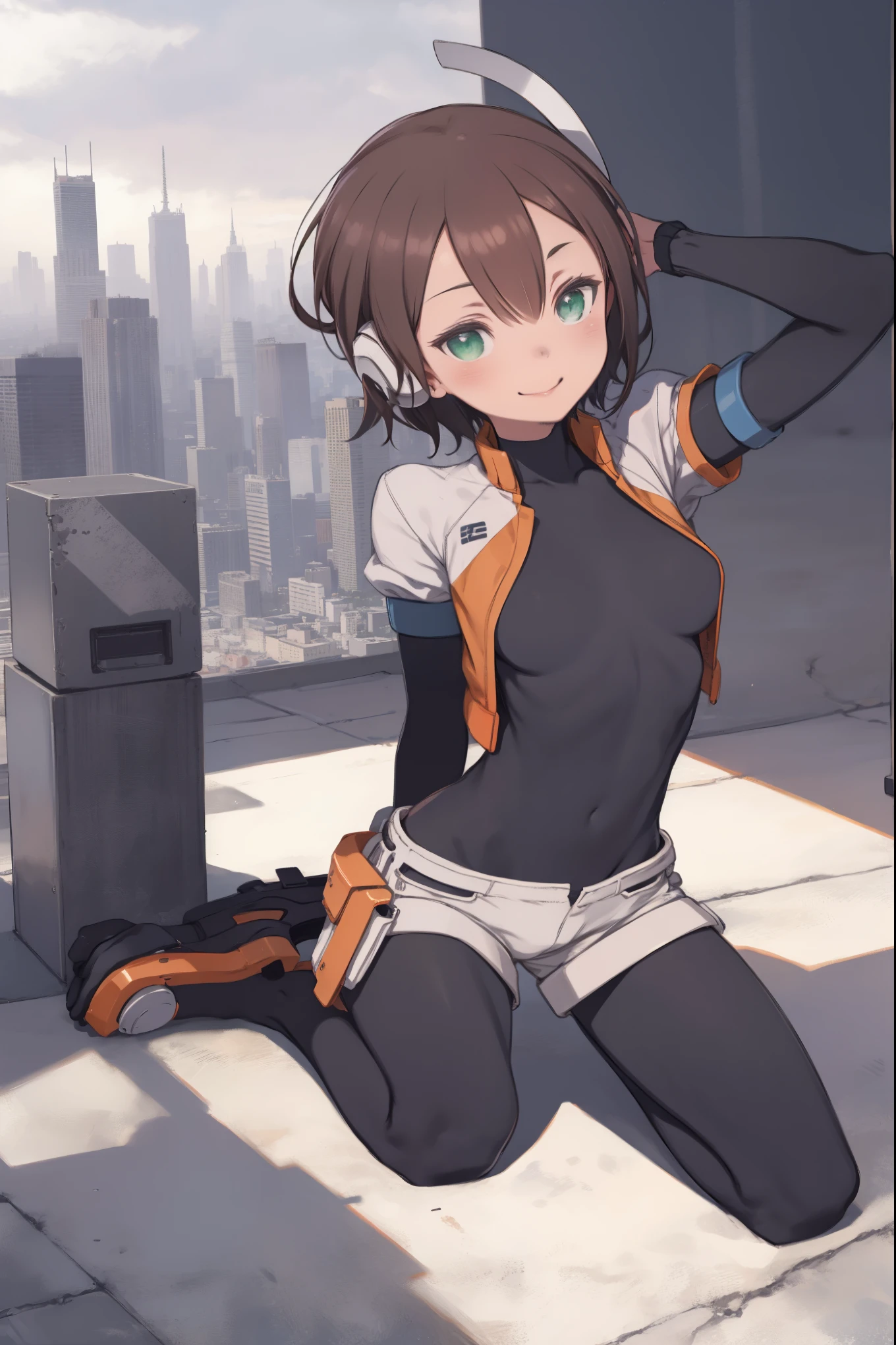 aile_megamanzx, kneeling with one hand on the ground and the other arm raised, 1girl, solo, short hair, brown hair, short sleeves, (bodysuit), robot ears, green eyes, very_short_shorts, short sleeves, short over long sleeves, smile, in futuristic city, , high quality, medium_breasts,crotch, slouch,groin,solo