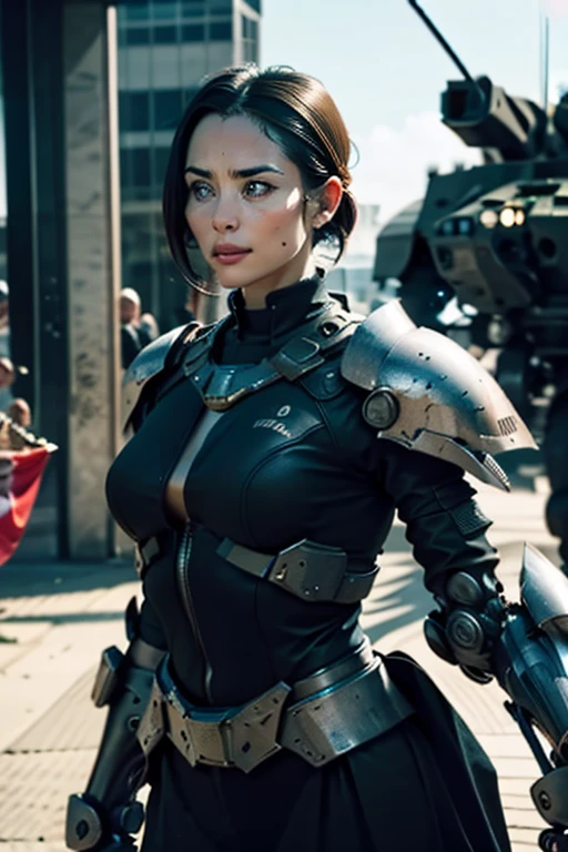 A still from a film showing a female mech pilot standing in front of her (Large combat mech:1.3), Sci-Fi Armor, military base, Strong winds, Sci-fi helmet in hand, visor, Detailed eyes, dry skin, Skin fuzz, Visible skin hair, Skin blemishes ,, Shallow depth of field, Vignette, Very detailed, big budget hollywood movie, Bokeh, CinemaScope, Sulky, amazing, nice, Film Grain