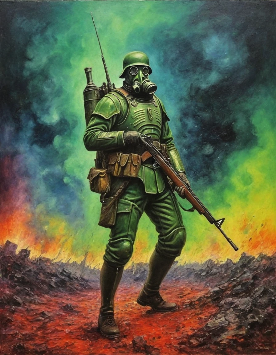 a plaguemarine ww1ger with gas mask and armor, holding rifle, explosions, green mist, fog, smoke, slime, Field telephones, Dawn, , (Emile Nolde,Giorgio de Chirico,Unica Zurn:1.25), Chains, Shattered, (Triadic:1.1), (Color Theory:1.1), (Scumbling:1.1), (Harsh noon light:1.2), Scales, Spiral, ultra detailed, intricate, oil on canvas, dry brush, (surrealism:1.1), (disturbing:1.1)